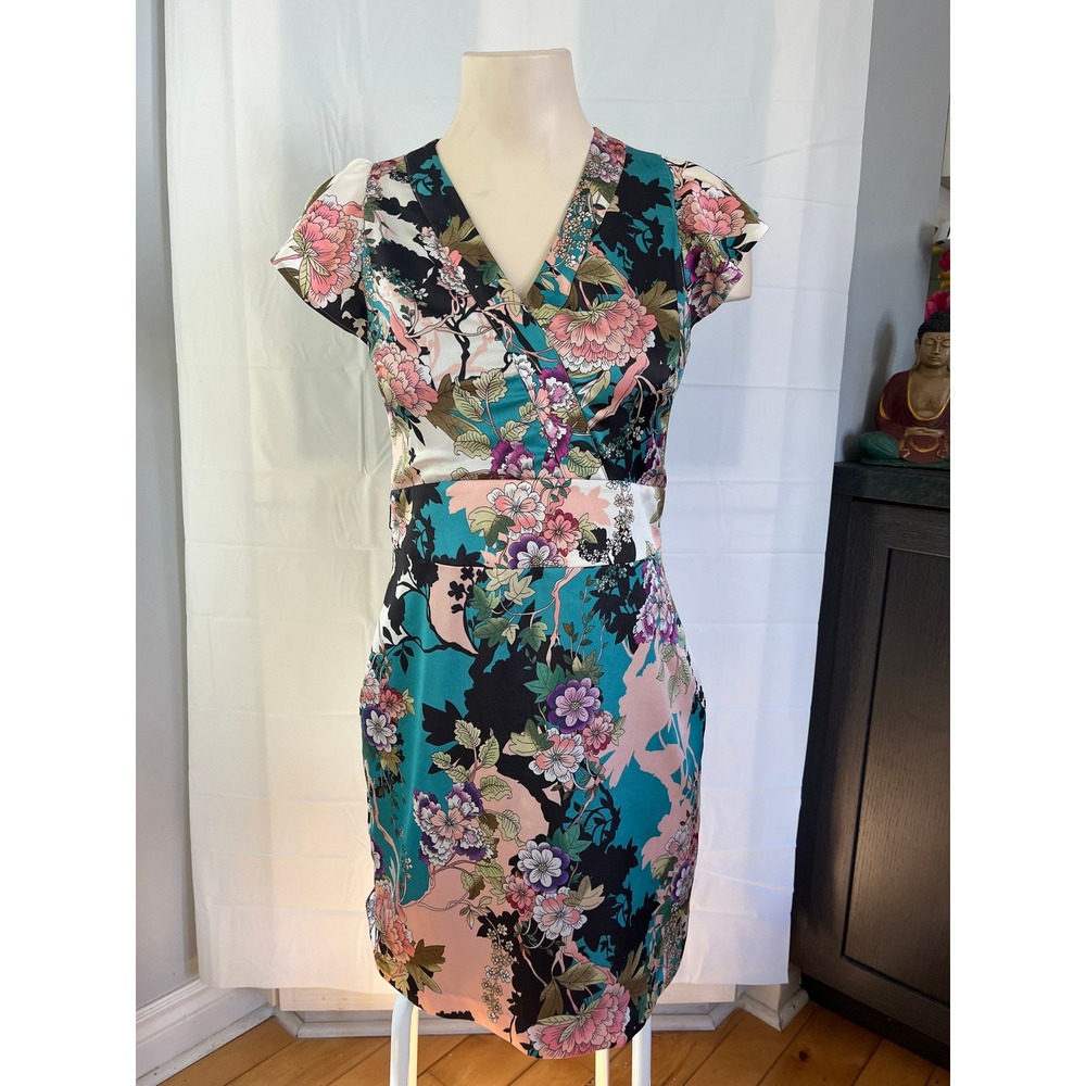 Guess Ginza Garden Floral Cap Sleeve V-Neck Sheath Dress Teal Pink Small